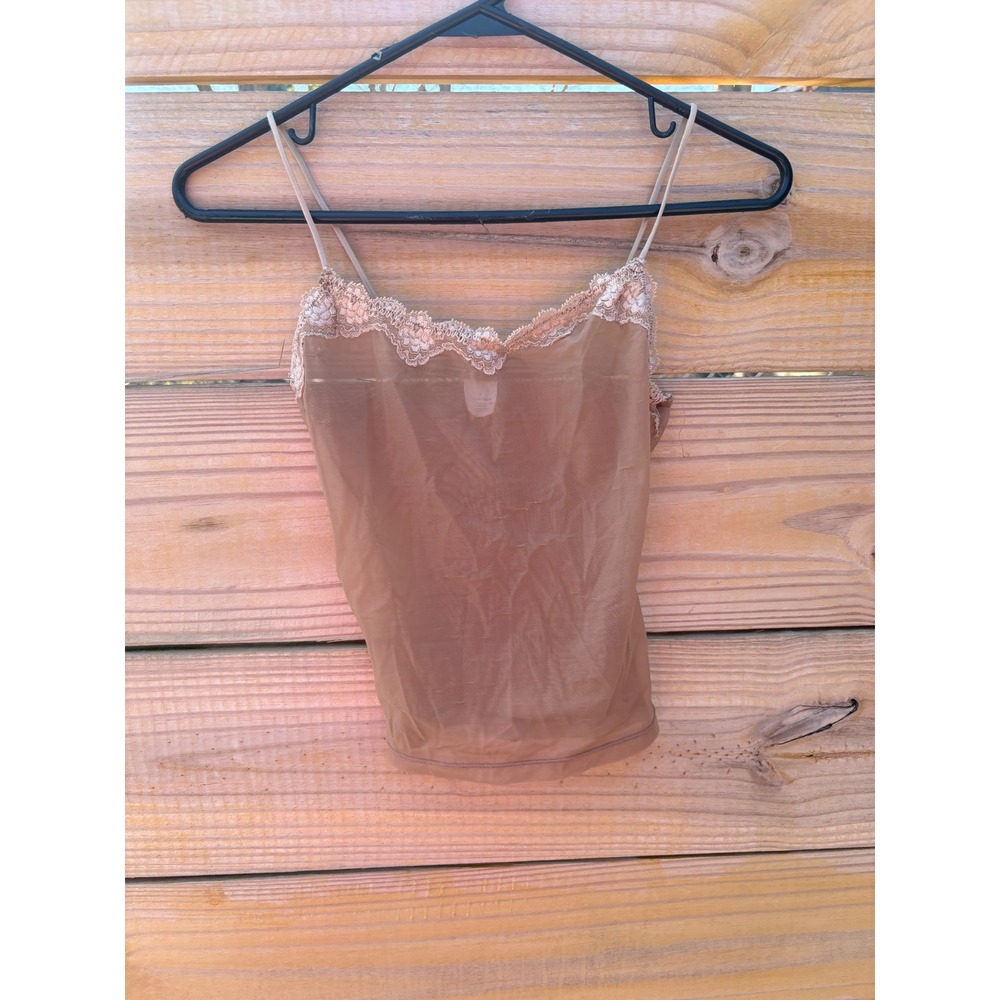 Calvin Klein Sheer Mesh Lace Trim Camisole Nude Tan Small Sleeveless Slim Fit - Picture 2 of 7
